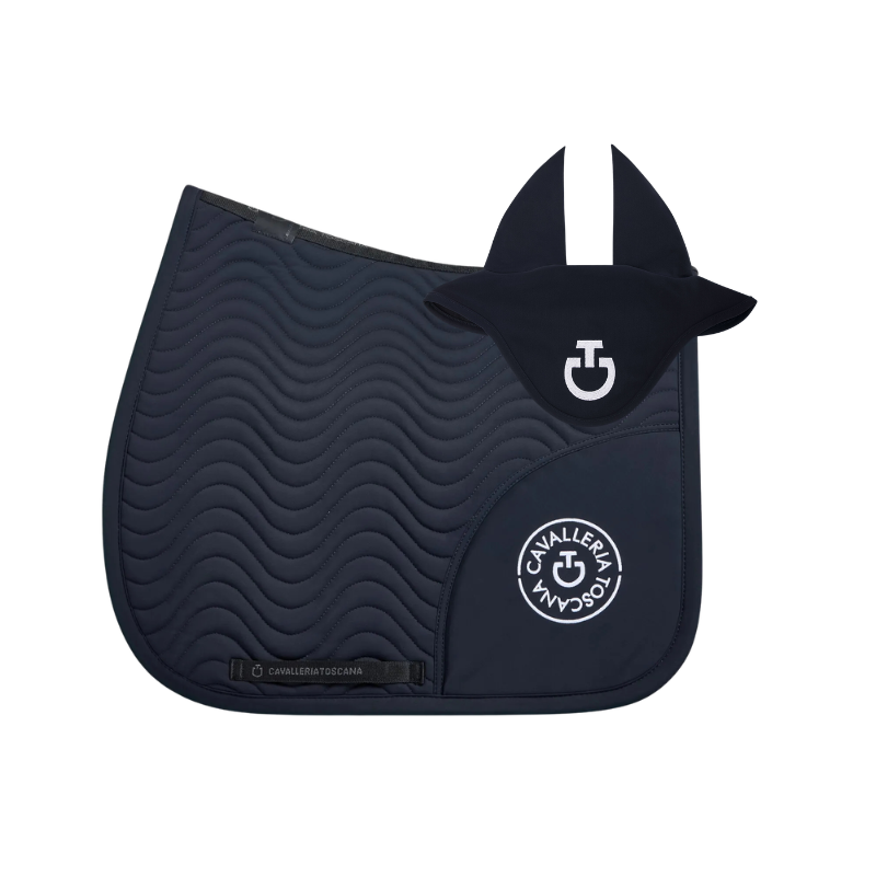 (Set) Cavalleria Toscana CT Double Orbit Wave Quilted Dressage Saddle Pad - Navy