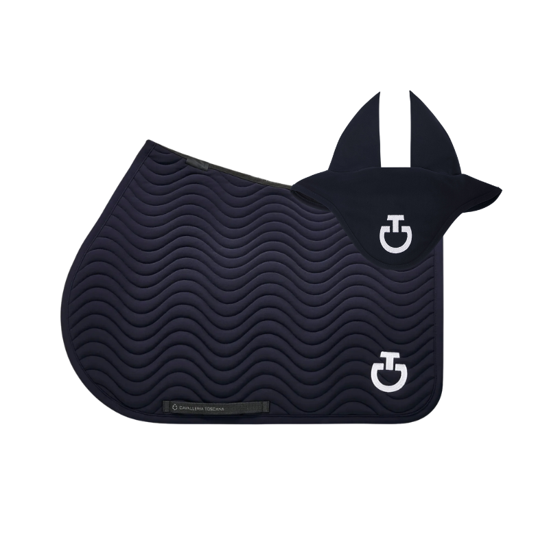 (Set) Cavalleria Toscana Quilted Wave Jersey Jumping Saddle Pad Set - Dark Blue