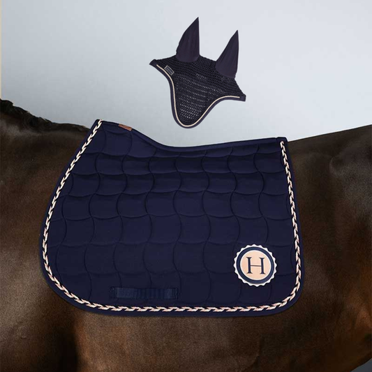 (Set) Harcour Schella Saddle Pad and Filae Fly Veil Set - Marine (Navy)