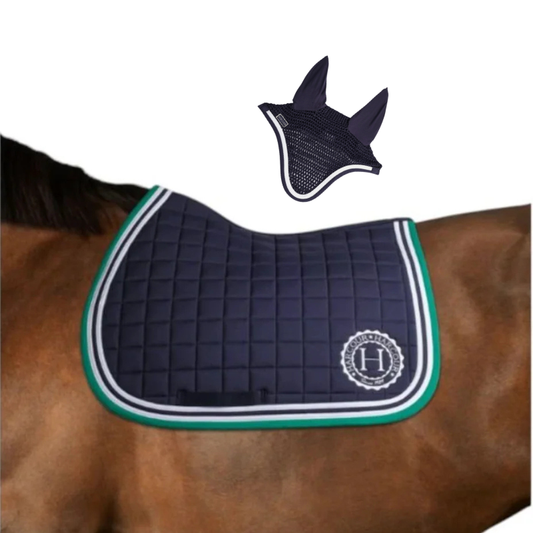 (Set) Harcour Soft Saddle Pad and Feeby Ear Net - Navy/Emerald Green